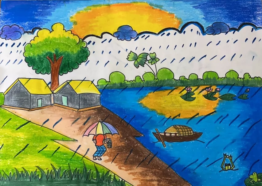 প্রাণতোষ আর্ট স্কুলের শিক্ষার্থী নুজহাত হাসান সুহা‘র অঙ্কিত গ্রাম-বাংলার ছবি