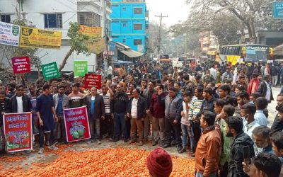 বর্ধিত ভ্যাট-শুল্ক প্রত্যাহারের দাবিতে নাটোরে মহাসড়কে টমেটো ফেলে সড়ক অবরোধ বিক্ষোভ ও মানববন্ধন